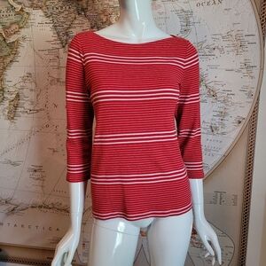 Gap The Bowery Super Soft boat neck red tee white stripes 3/4 sleeves nautical M